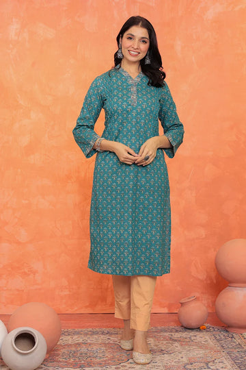 Green Flower Kurta with Pleate on Shoulder