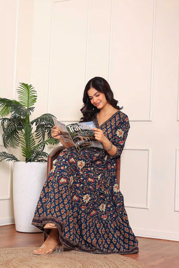 Navy Floral Hand Printed Angrakha Kurta