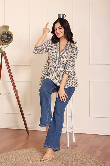 Beige Blue Hand Printed Cotton Peplum Top