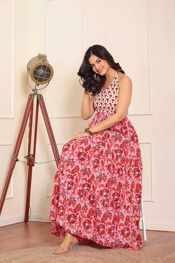 Pink Floral Hand Printed Halter Maxi Dress