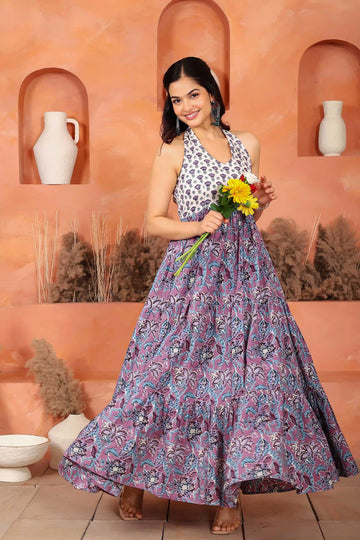 Light Violet Floral Hand Printed Halter Maxi Dress