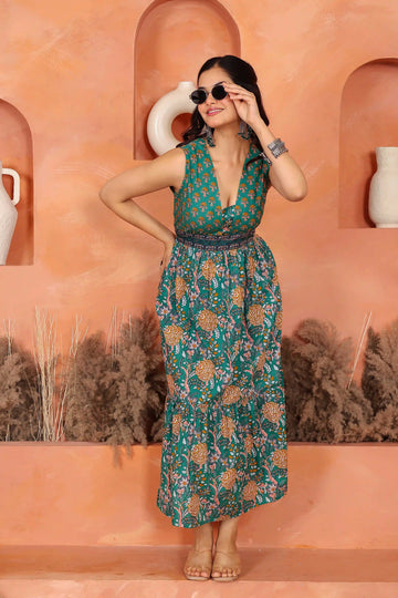 Dark Green Floral Hand Printed Cotton Sleeveless Dress