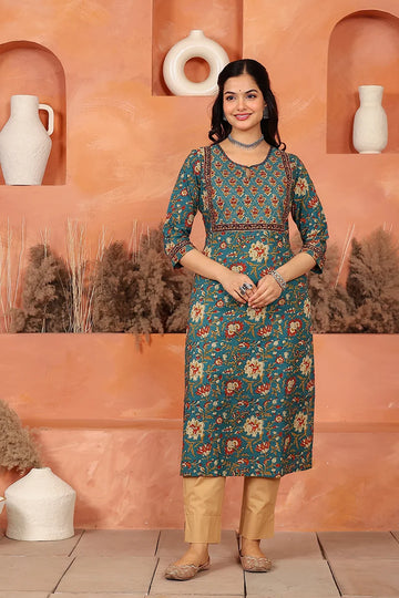 Green Floral Hand Print Kurta