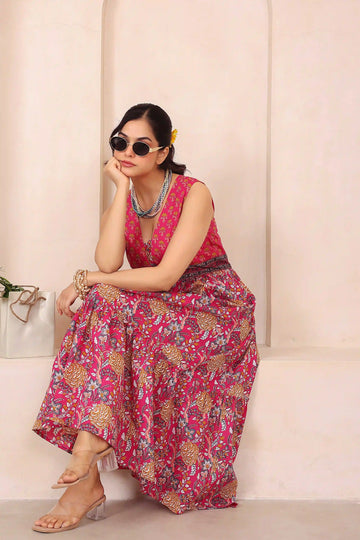 Dark Pink Floral Hand Printed Cotton Sleeveless Dress
