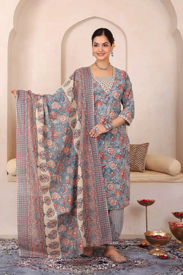Light Blue Floral Printed Kurta Set with Dupatta