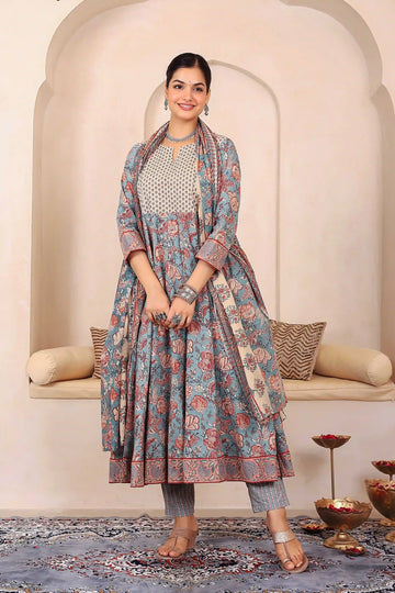 Light Blue Floral Hand Printed Anarkali Kurta Set with Dupatta