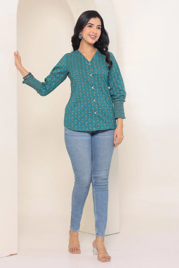Dark Green Hand Block Printed Shirt