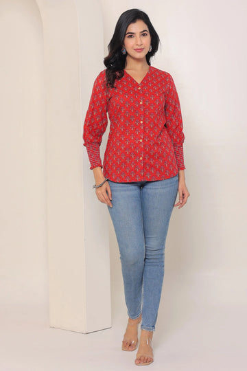 Red Hand Block Printed Shirt