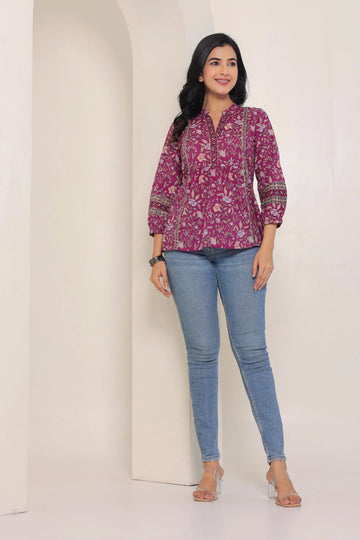 Purple Print Mandarin Collar Empire Pure Cotton Longline Top
