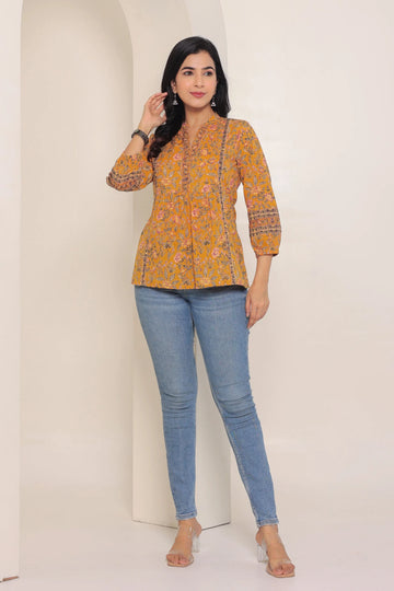 Mustard Print Mandarin Collar Empire Pure Cotton Longline Top