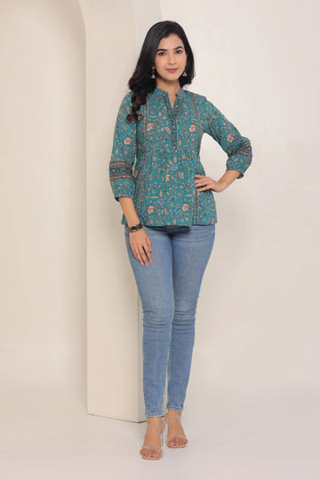 Green Print Mandarin Collar Empire Pure Cotton Longline Top