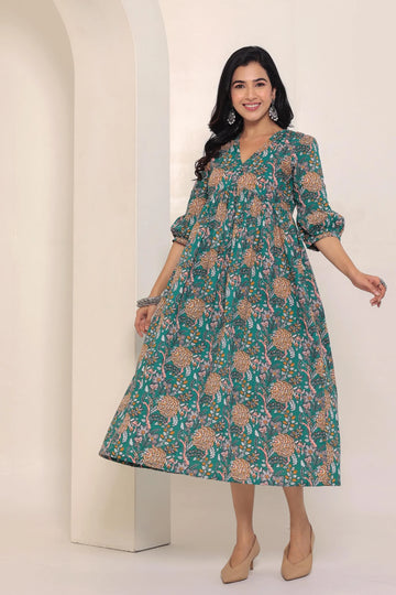 Green Block Printed V-Neck Dress With Flared Hem & Pleated Sleeves
