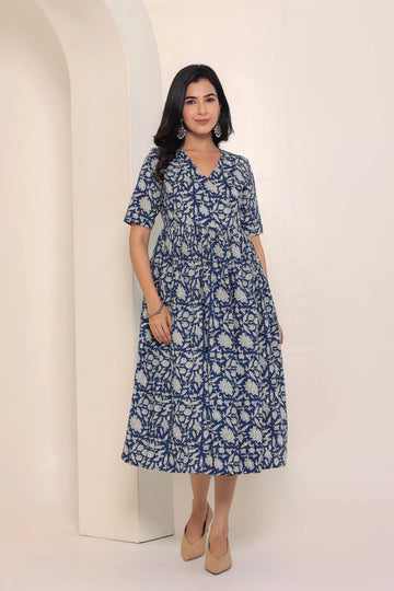 Blue Hand Block Printed V-Neck Dress In Angrakha style
