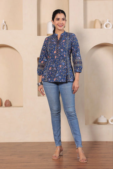 Navy Print Mandarin Collar Empire Pure Cotton Longline Top