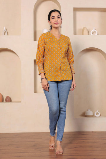 Mustard Hand Block Printed Shirt