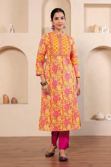 Light Yellow Hand Block Printed Straight cotton Kurta