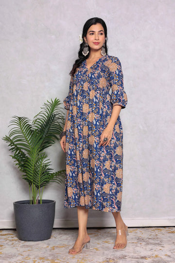 Blue Block Printed V-Neck Dress With Flared Hem & Pleated Sleeves