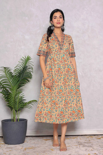 Light Orange Hand Block Printed A- Line Midi Dress