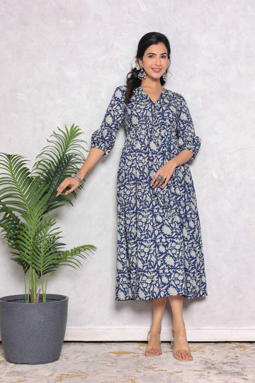 Blue Floral Block Printed V-Neck Dress With Flared Hem & Pleated Sleeves