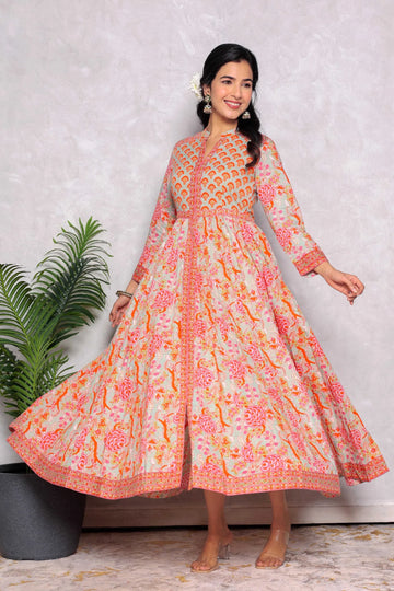 Light Green Anarkali Cotton Hand Block Printed Ethnic Maxi Dress