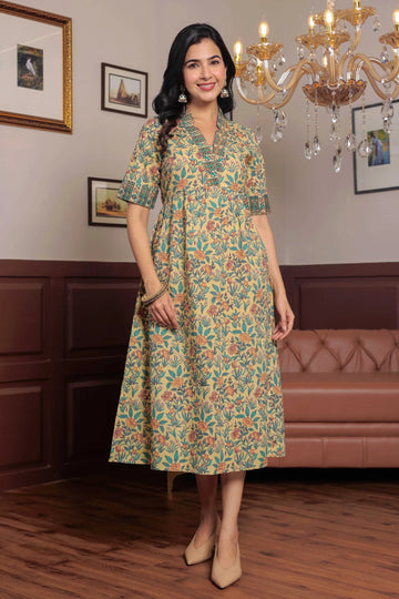 Light Yellow Hand Block Printed A- Line Midi Dress