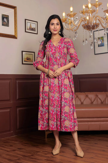 Pink Block Printed V-Neck Dress With Flared Hem & Pleated Sleeves