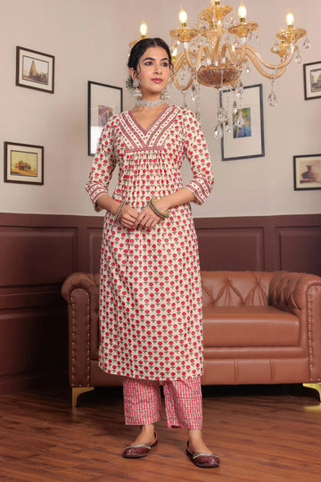 Pink Printed cotton kurta highlighted with gotta lace with trouser