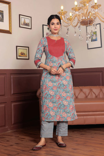 Light Blue Floral Printed Gotta Thread Work Kurta with Trouser