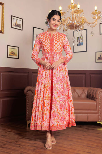 Light Pink Anarkali Cotton Hand Block Printed Ethnic Maxi Dress