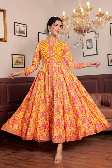 Light Yellow Anarkali Cotton Hand Block Printed Ethnic Maxi Dress
