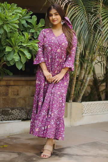 Fuchsia Long Printed Tired Dress With Gather