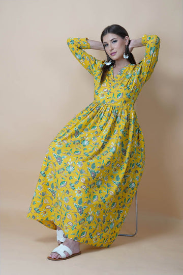 Yellow Floral Hand Printed V-Neck Dress With Gathered Shoulder