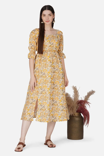 Yellow Block Printed Square Neck Dress With Flared Hem And Front Bottom Slit