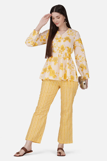 Yellow Hand Block Printed V- Neck Pure Cotton Top With Trouser (Co-ord Set)