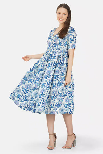 Blue Hand Block Printed V-Neck Dress In Angrakha style