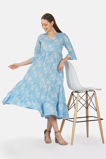 Sky Blue Hand Block printed V-Neck Long Printed Tired Dress With Gather