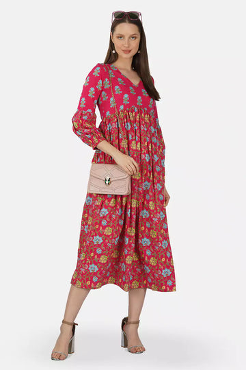 Hot Pink V-Neck Frill Bishop Sleeves Dress