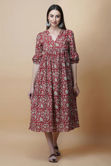 Red Block Printed V-Neck Dress With Flared Hem & Pleated Sleeves