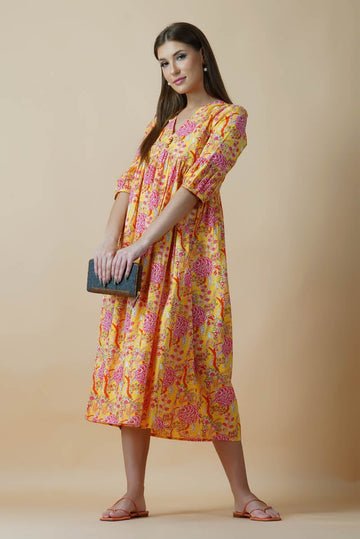 Yellow Floral Block Printed V-Neck Dress With Flared Hem & Pleated Sleeves