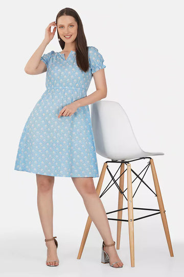 Sky Blue Hand Block Printed Round Neck Tunic Dress With V- Slit