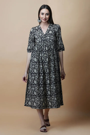 Black Block Printed V-Neck Dress With Flared Hem & Pleated Sleeves
