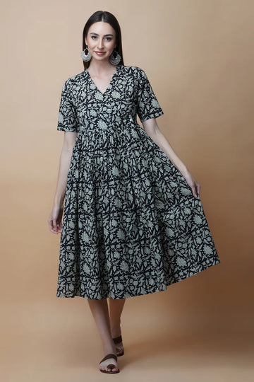 Black Hand Block Printed V-Neck Dress In Angrakha style