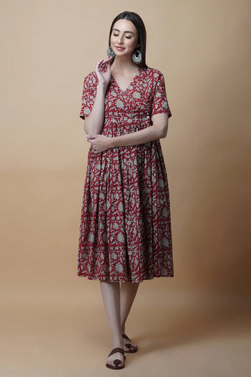 Red Hand Block Printed V-Neck Dress In Angrakha style