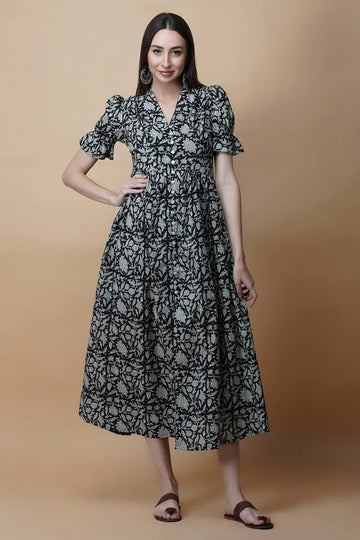Black Block Printed V-Neck Front Open Long Dress With Flarred Hem & Centre Slit