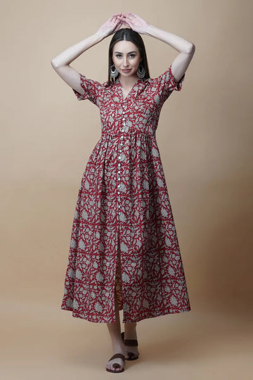 Red Block Printed V-Neck Front Open Long Dress With Flarred Hem & Centre Slit