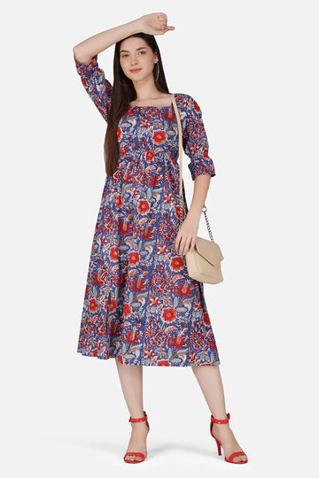 Blue Block Printed Square Neck Dress With Flared Hem And Front Bottom Slit
