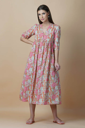 Green Floral Block Printed V-Neck Dress With Flared Hem & Pleated Sleeves