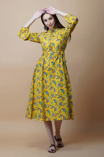 Yellow Block Printed Round Ruffel Neck Dress with Tussel