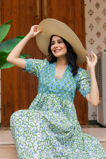Blue Floral Printed V-Neck Gathered Detailed Cotton A-Line Midi Ethnic Dress