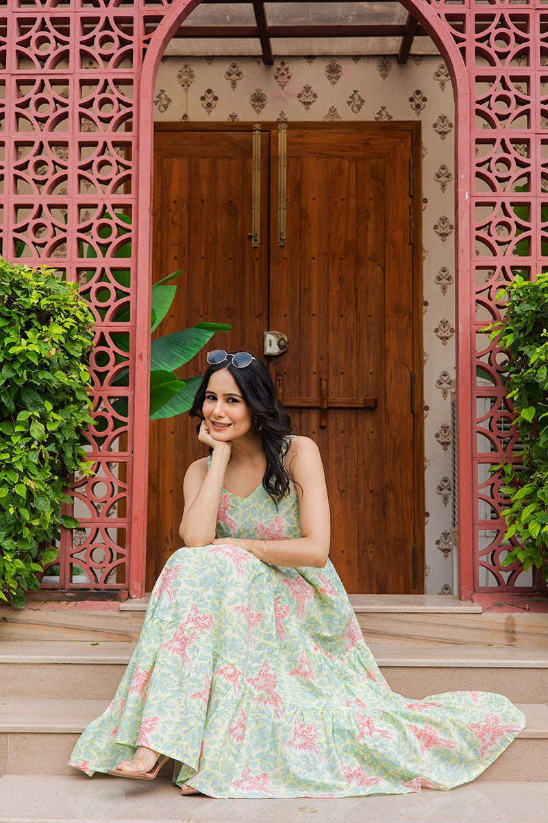 Pastel Green Sleeveless Dress in Hand Block Bird Print Gulab Chand Trends Pastel Green Sleeveless Dress in Hand Block Bird Print Gulab Chand Trends